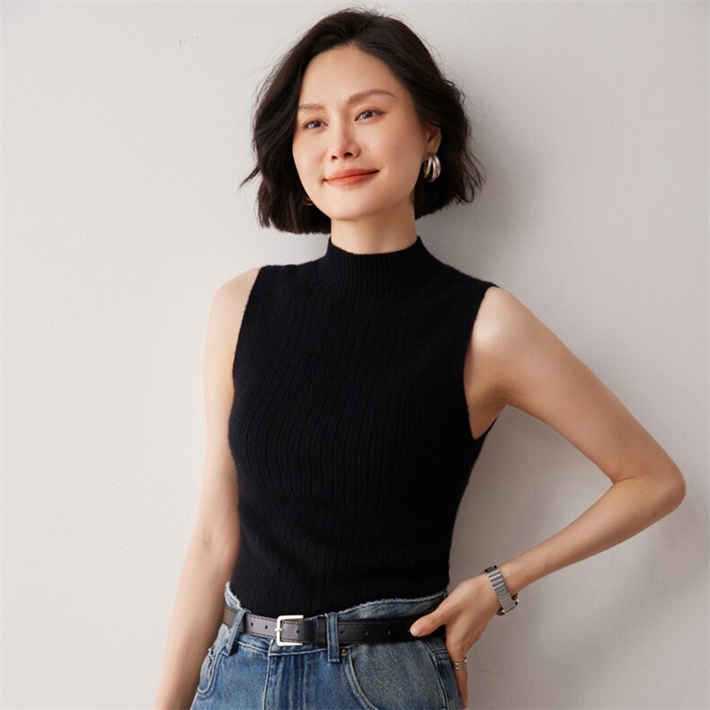 秋冬新款洋气时尚百搭显瘦女款一线成衣半高领无袖衫,女装背心吊带,艾巧羊绒