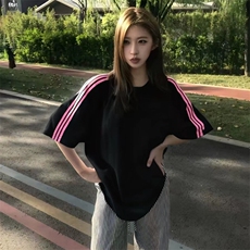 抖音得物品质二开240克宽松纯棉美式潮牌印花三条杠中性风短袖T恤，男装T恤，电商A486
