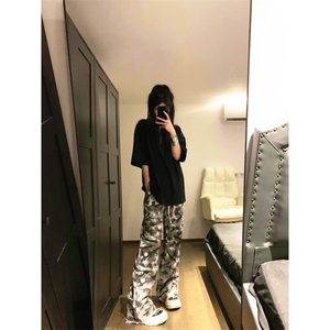 复古水洗迷彩脏染磨毛微喇休闲裤男宽松美式拖地裤 K6688图片