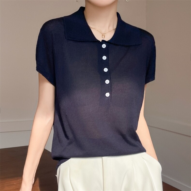 25夏新款短袖女Polo领薄款针织半袖轻奢高级感宽松t恤上衣，女装T恤，雪真羊绒