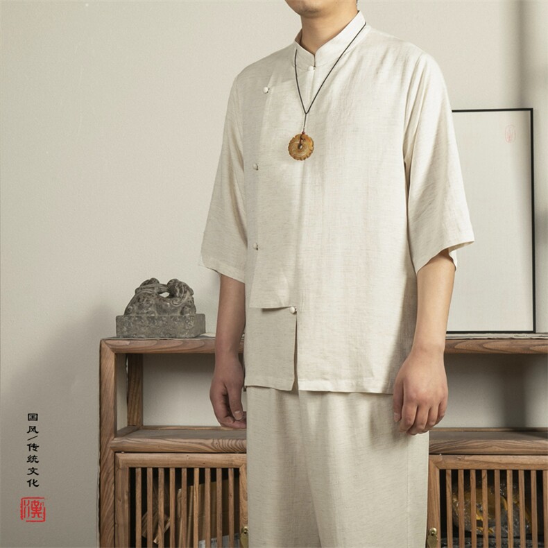风男装棉麻男士立领唐装衬衫短袖改良新中式短袖X03P75图片
