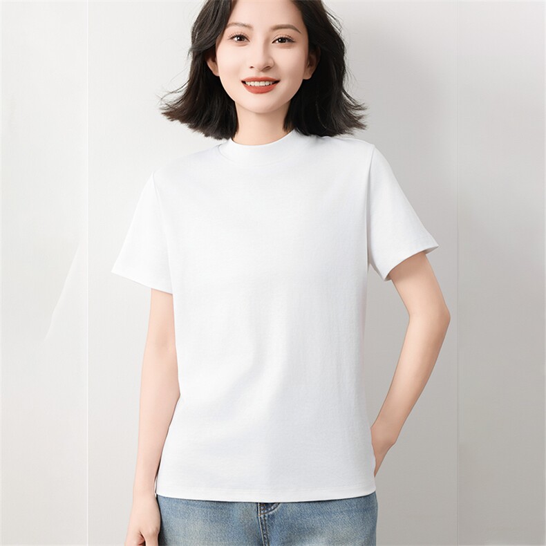 简约风液氨纯棉短袖T恤女2025新款宽松显瘦正肩t恤立领半袖打底衫,女装T恤,元素羊绒