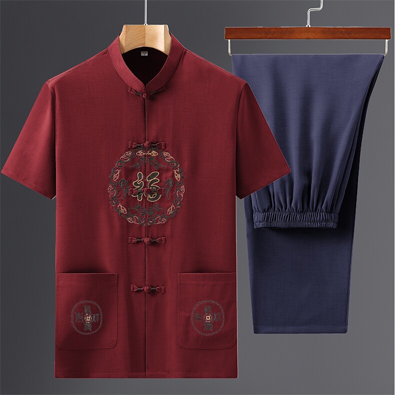 风男士套装衣服短袖唐装汉服夏季葫芦绣两件套t恤CM-P95,男装民族服装,星座1105-3