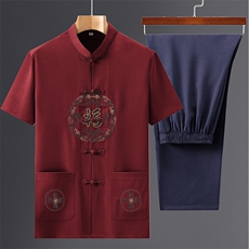 风男士套装衣服短袖唐装汉服夏季葫芦绣两件套t恤CM-P95，男装民族服装，星座1105-3