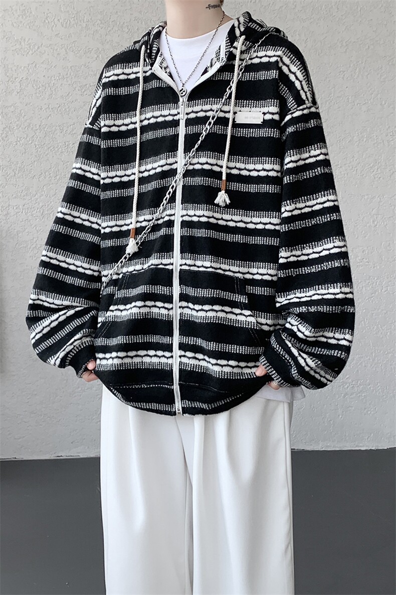 8XL-M潮情侣美式磨毛编织条纹针织衫卫衣宽松拉链外套WY30P88,男装针织衫/毛衣,电商D206-1
