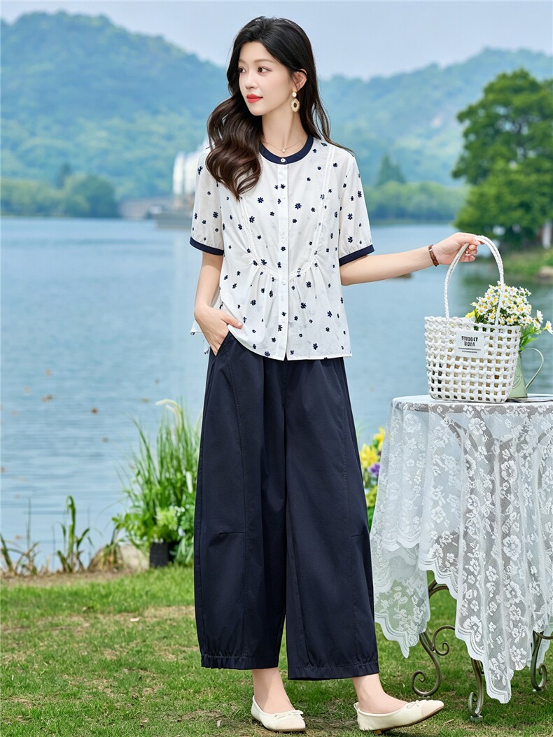 2026年夏季刺绣撞色衬衫裤子两件套套装,女装套装/套裙,依路服饰