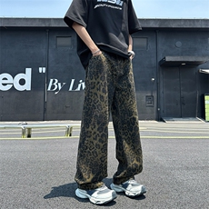 复古嘻哈豹纹牛仔裤男女水洗高街拖地裤阔腿裤XZ310B-NZ28-P43，男装牛仔裤，星座310B