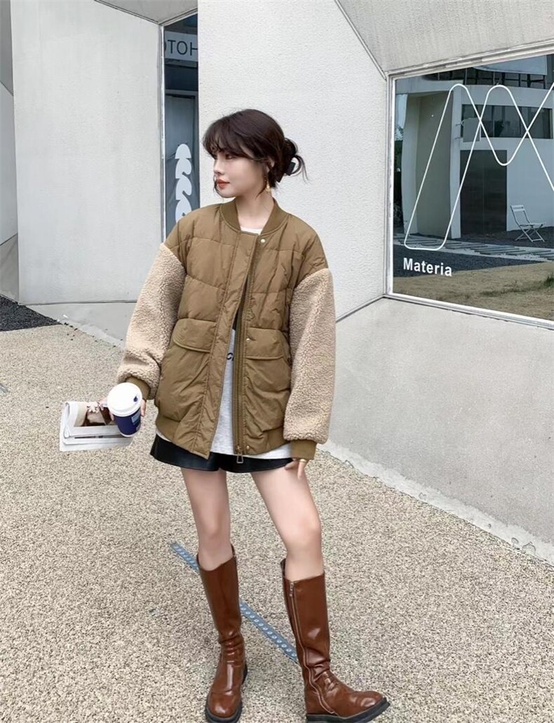 现货羊羔毛拼接羽绒服，女装羽绒服，爱美欧