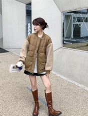 现货羊羔毛拼接羽绒服，女装羽绒服，爱美欧