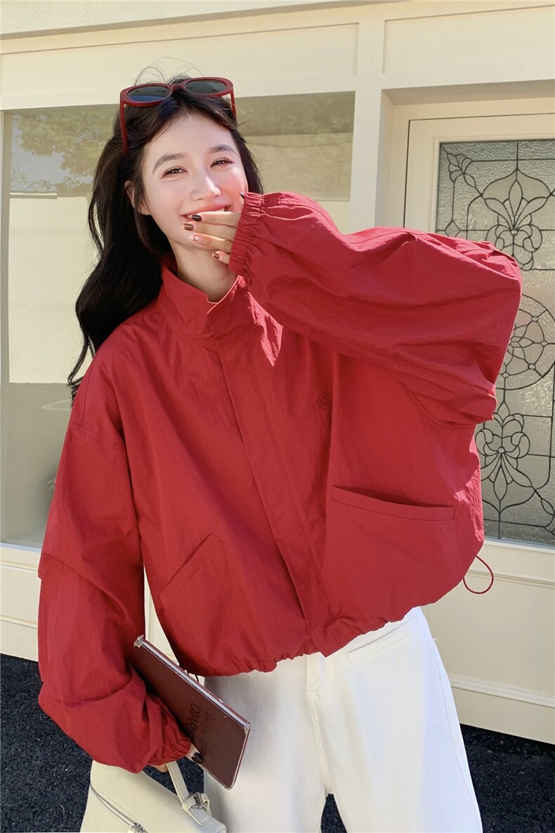 韩系chic休闲减龄复古红色短外套女春秋超火好看宽松工装夹克上衣,女装短外套,2B237