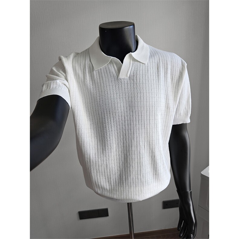 盗图老钱风海鸥领纯色弹力复古针织短袖POLO衫H91056/P58控88，男装T恤，电商A243