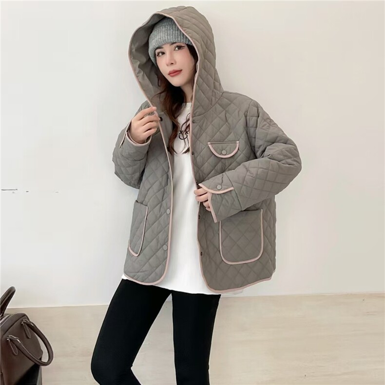 2025冬装新款修身保暖时尚菱形格个性拼接女士棉服外套,女装棉衣/棉服,江忆布依