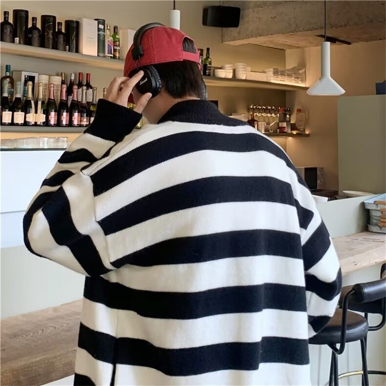 青少年潮美式复古条纹开衫拉链毛衣男女款秋冬宽松针织衫上衣,男装针织衫/毛衣,星座1210-1