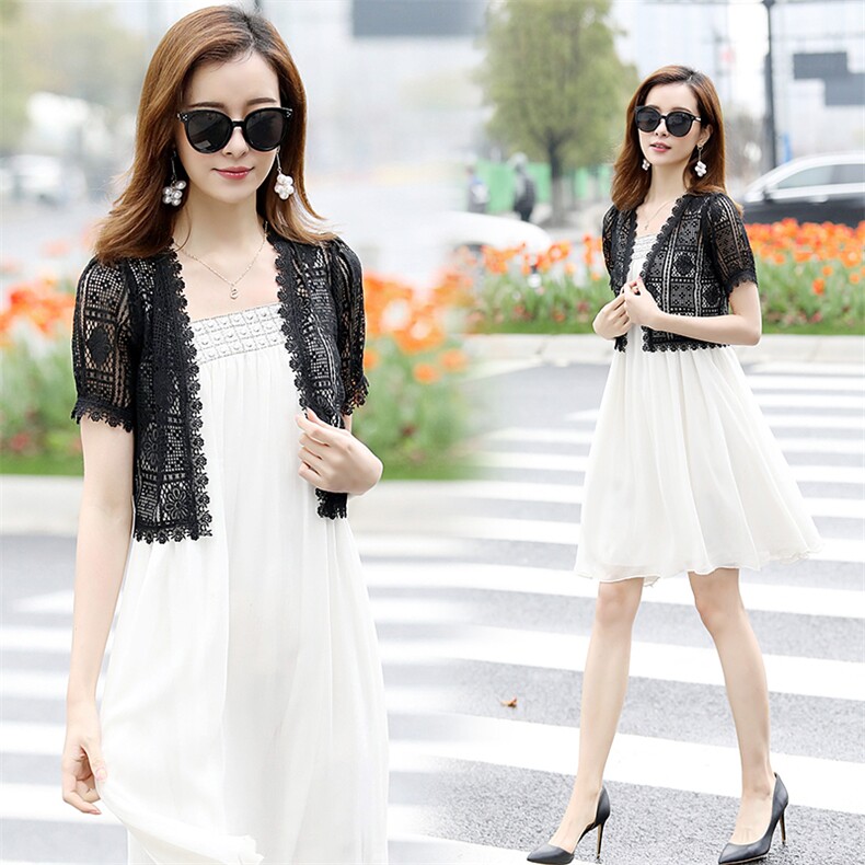 短外套小披肩2024夏季新款女士蕾丝纯色薄款小众设计五分袖开衫，女装蕾丝衫/雪纺衫，婵米儿