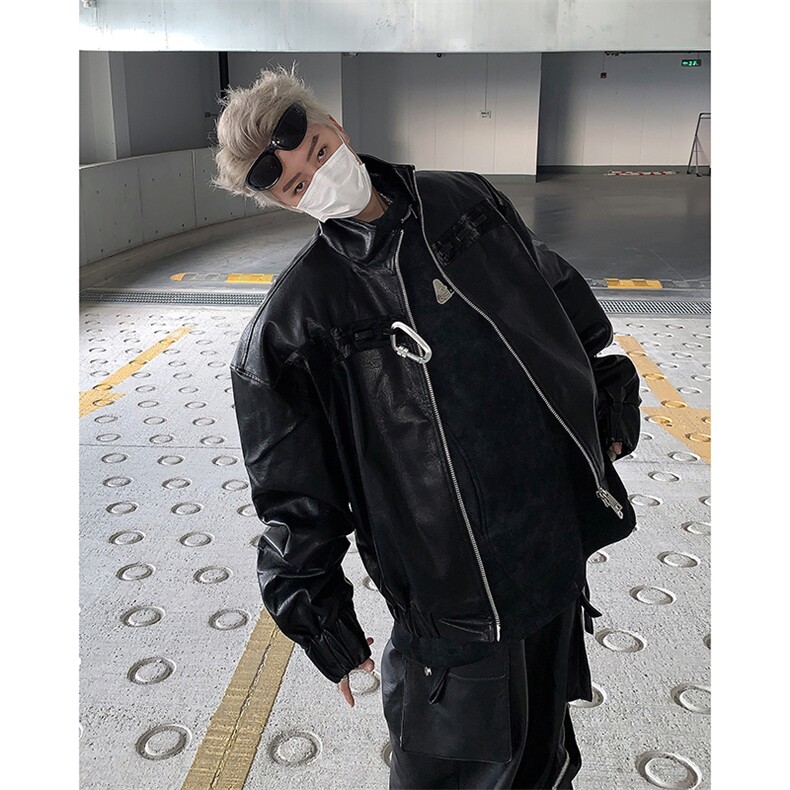 现货！24秋冬男士设计铁环肌理感酷帅pu皮衣夹克外套MJ1033-P138,男装夹克,电商B288