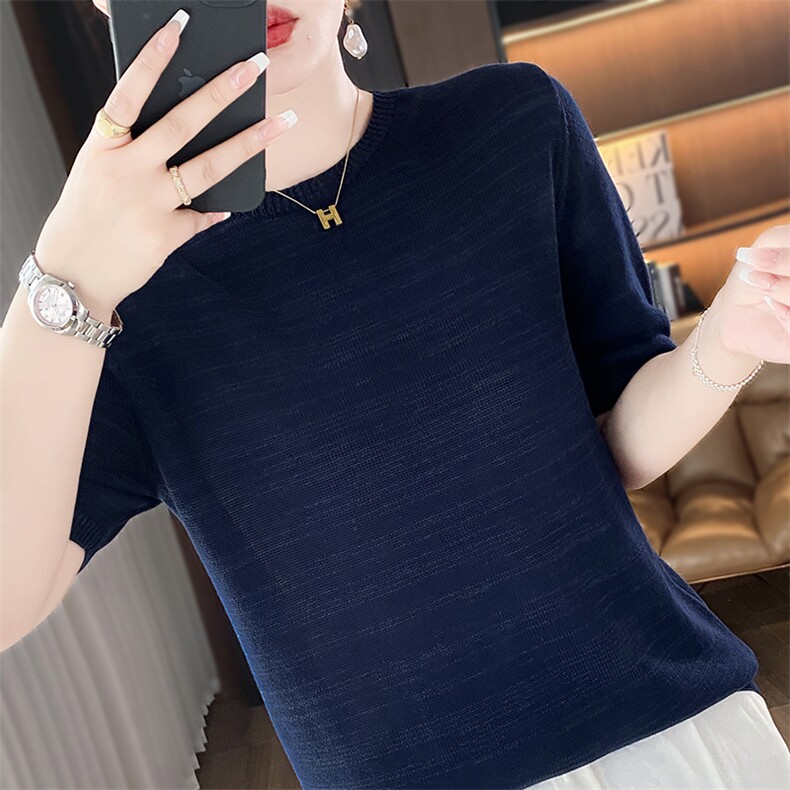 夏季精纺莱赛尔天丝针织短袖女圆领纯色百搭T恤宽松百搭打底上衣,针织衫/毛衣,总能电商供货