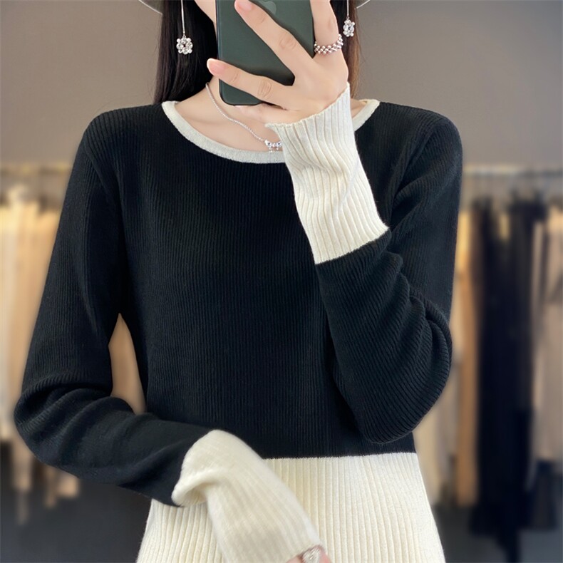 秋冬新款圆领拼色长袖针织毛衣女复古修身坑条内搭毛衫上衣打底衫,女装羊毛衫,宛庄羊绒