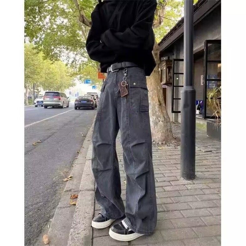 高质量直播微喇工装裤男款春秋裤子潮牌美式高街阔腿伞兵裤Y718,男装工装外套,星座516A