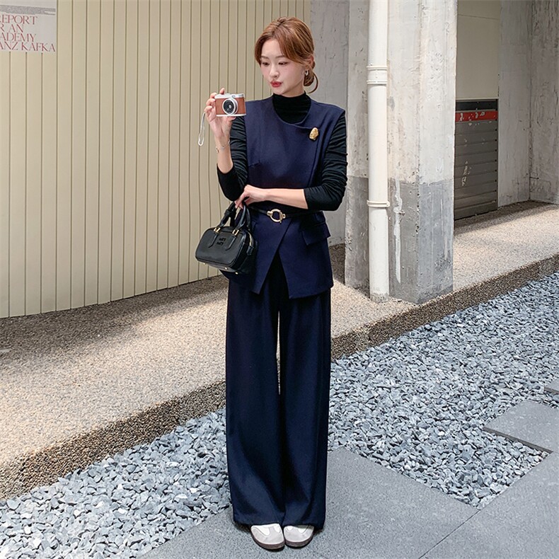藏青色背心马甲阔腿裤套装女夏2025新款轻熟风巨好看通勤三件套,女装套装/套裙,1C150
