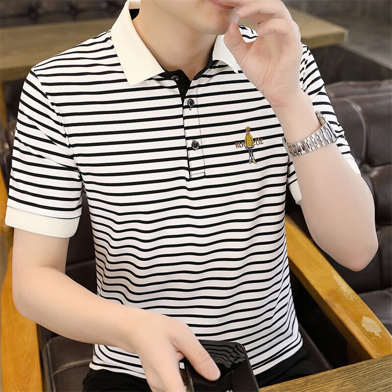 夏季刺绣短袖翻领冰丝经典条纹青年修身POLO衫短袖T恤上衣Z99-P30图片