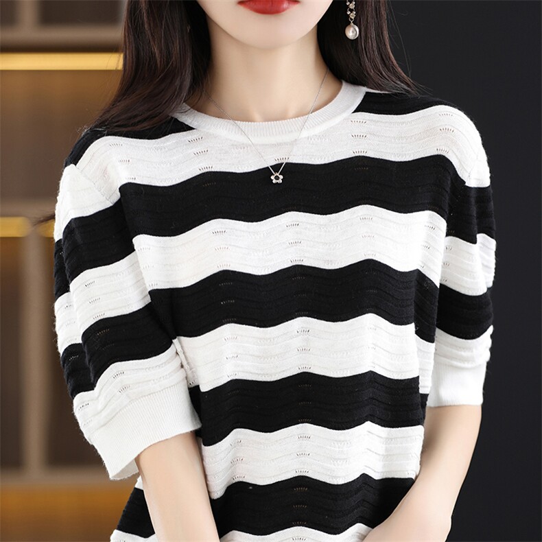 2025秋季新款圆领针织衫女短袖时尚百搭，女装针织衫/毛衣，千御纺羊绒