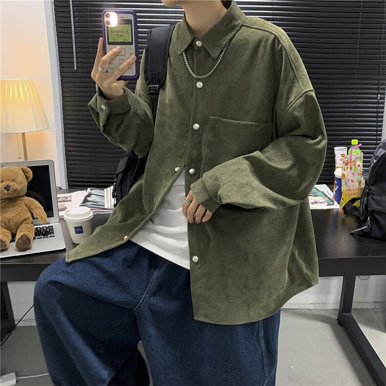秋冬港风日系大码文艺男秋季衬衫灯芯绒青年长袖外套衬衣C45/P45，男装衬衫，钱塘713