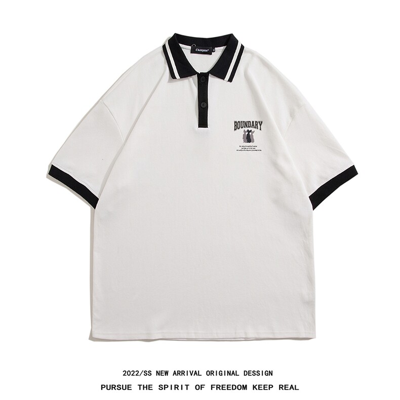 白底23新款夏季翻领时尚纯棉百搭印花宽松短袖T恤PL283P40控58,男装T恤,电商A247-1