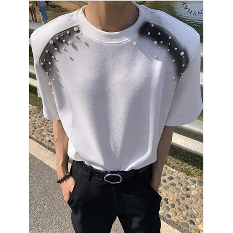 高级感喷绘珍珠男士个性圆领t恤夏季短袖cleanfit五分袖T5810，男装T恤，星座1116A（原606A-3）