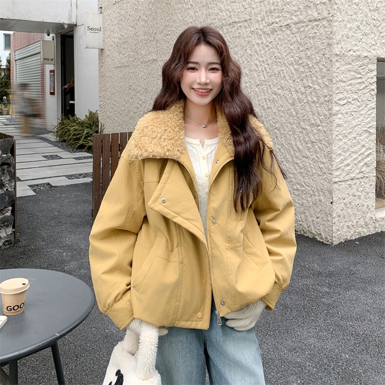 冬装羊圈毛大翻领拼PU皮内胆羽绒90绒短外套2C050-1301-P285-K398,女装羽绒服,2C050