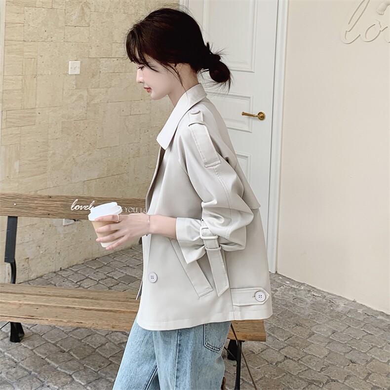 小个子短款时尚风衣外套女春秋2025新款英伦风宽松休闲米白色上衣，女装风衣，姿衣轩