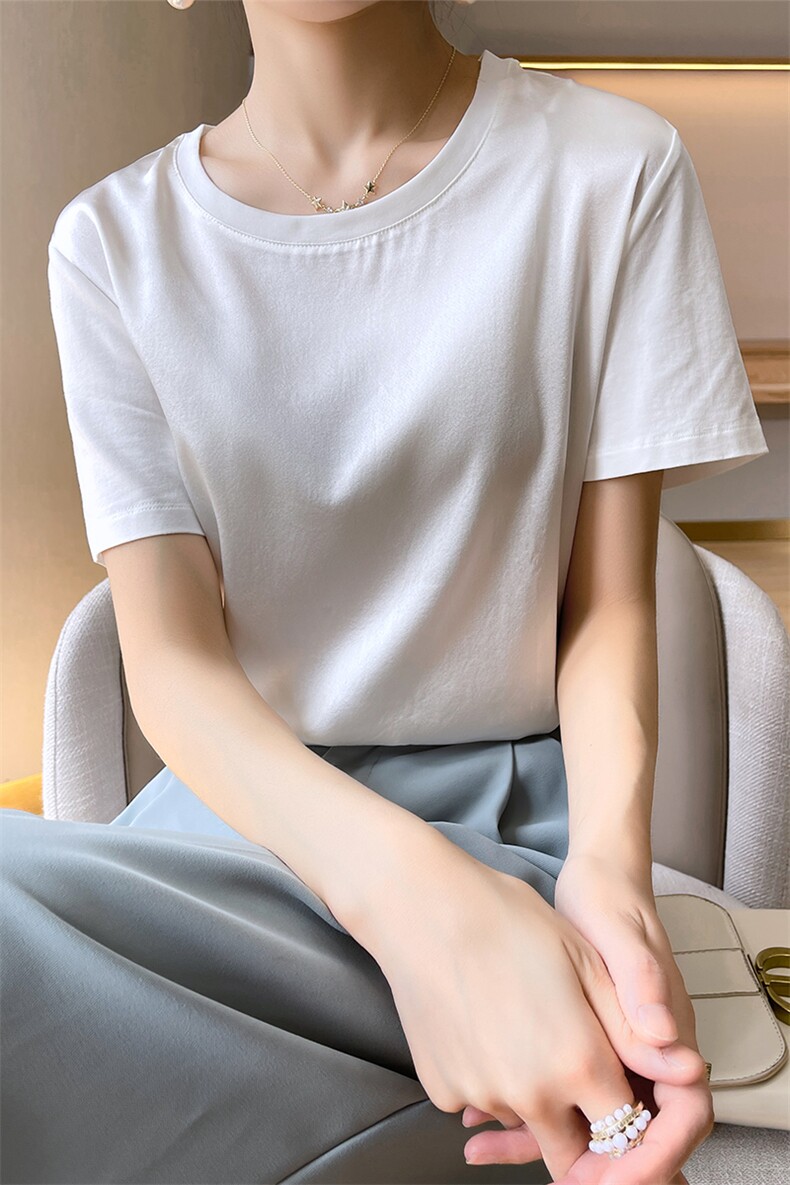重磅真丝t恤女短袖印花桑蚕丝白色圆领小衫2024夏装半袖短款上衣,女装T恤,兴泰羊绒