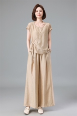 天丝亚麻套装女夏季新款中年妈妈宽松遮肚子洋气减龄阔腿裤两件套，女装套装/套裙，深水步