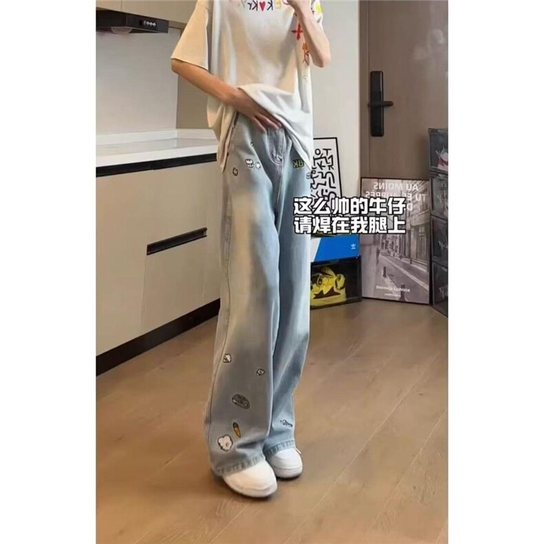 美式卡通刺绣牛仔裤男春秋小众设计感高街潮牌微喇裤LK07077-P47,男装牛仔裤,星座1008
