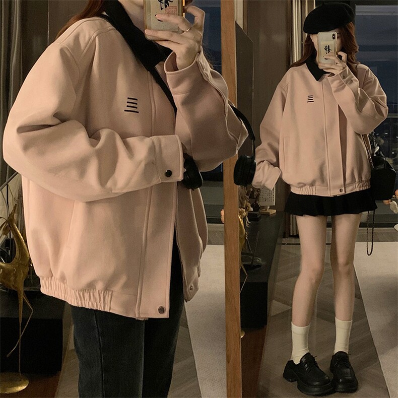 C933-P98甜美风粉色翻领休闲夹克上衣设计感宽松美式棒球服外套,男装夹克,星座911-2(原星座613-2）