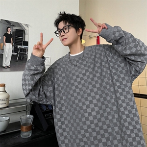 S5020/特P32春装新款棋盘格套头卫衣男潮宽松百搭长袖T恤外套图片