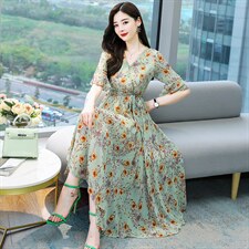 2021新款女气质显瘦法式高腰V领复古仙碎花松紧腰连衣裙送腰带，女装连衣裙，丽美静依