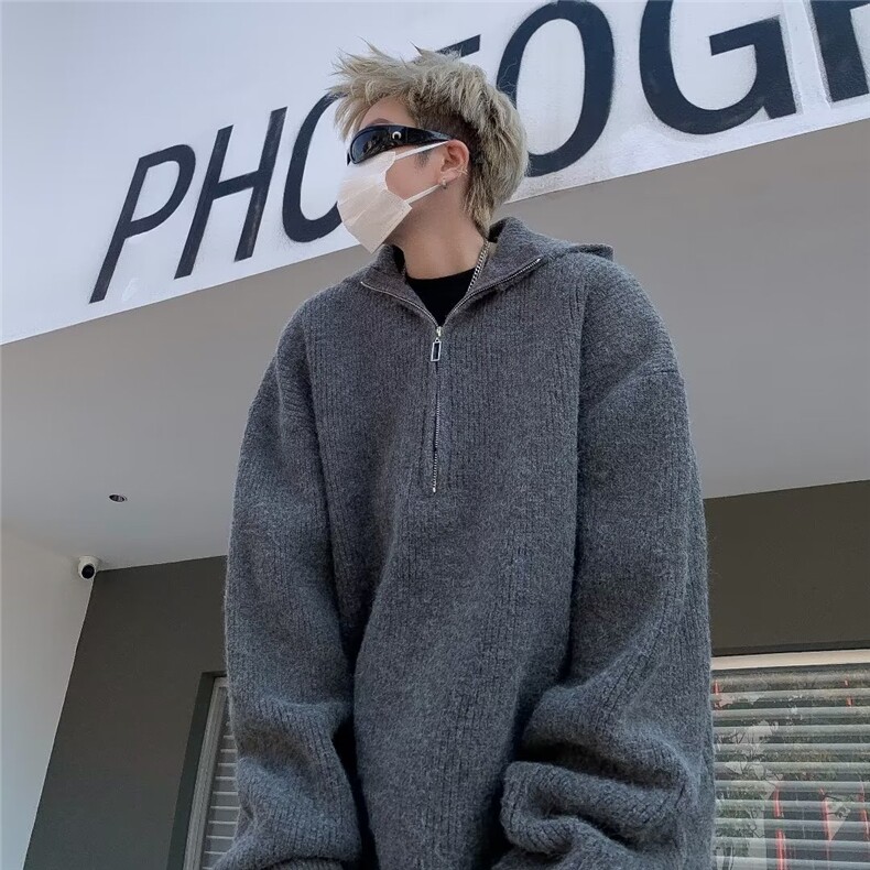美式复古半拉链连帽毛衣男韩版oversize痞帅针织衫外套，男装针织衫/毛衣，星座1008