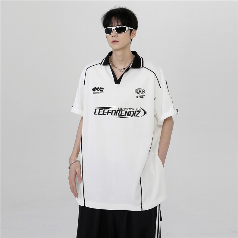 青春潮牌时尚美式复古翻领高级印花男女同款夏季短袖T恤T48-P38图片