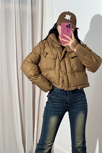 棕咖色短款羽绒服女2025冬季韩版小个子立领加厚格纹面包服外套图片