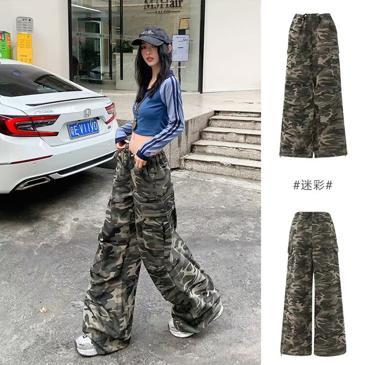 辣妹高腰迷彩工装裤宽松显瘦牛仔裤女夏季休闲阔腿裤直筒裤长裤子图片
