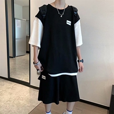 华夫格夏季短袖T恤男运动套装假两件半袖五分裤两件套TZ014-P45，男装牛仔裤，星座1008-2