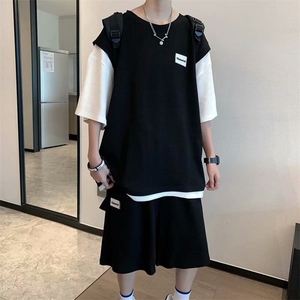 华夫格夏季短袖T恤男运动套装假两件半袖五分裤两件套TZ014-P45图片