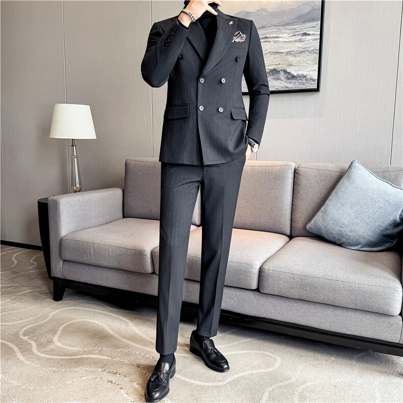 羊毛厚款条纹西服两件套高品质毛呢西装套装男深灰色LJT8069-P258图片