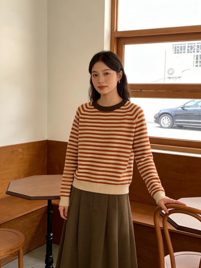 2026新款橘色条纹套头毛衣女,针织衫/毛衣,沐策羊绒
