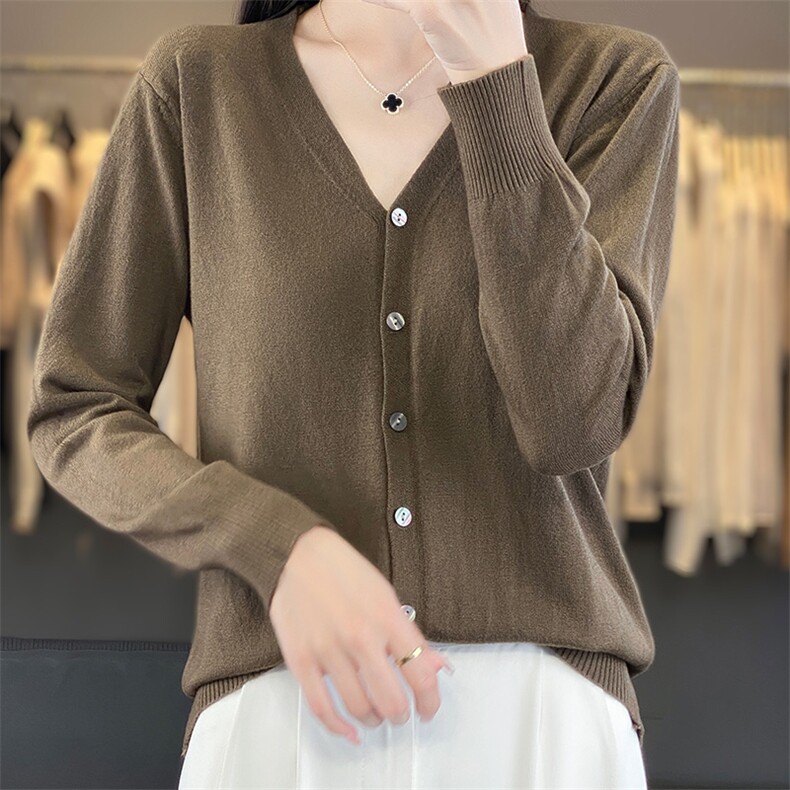 纯棉线针织开衫女春夏V领宽松长袖外套薄款毛衣外搭全棉上衣,针织衫/毛衣,德尔信羊绒