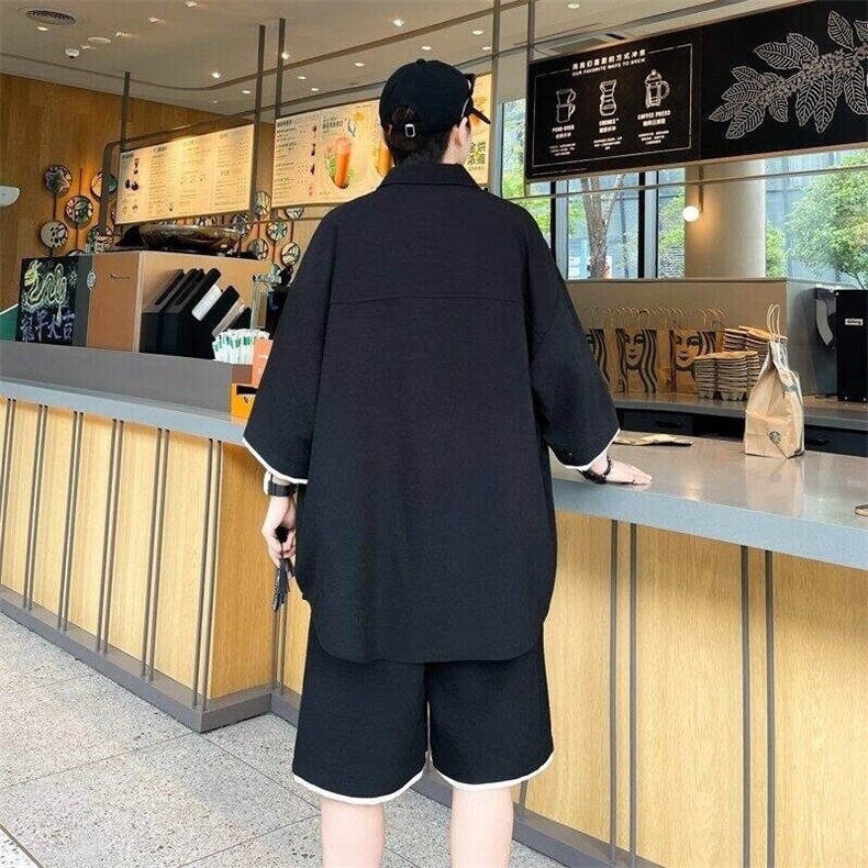 TZ24326-特P60港风套装新中式男青少年运动休闲衬衫短裤两件套,男装衬衫,电商D310B