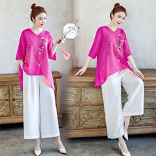 2021夏季新款简约文艺复古刺绣休闲舒适棉麻两件套，女装套装/套裙，韩宇舍