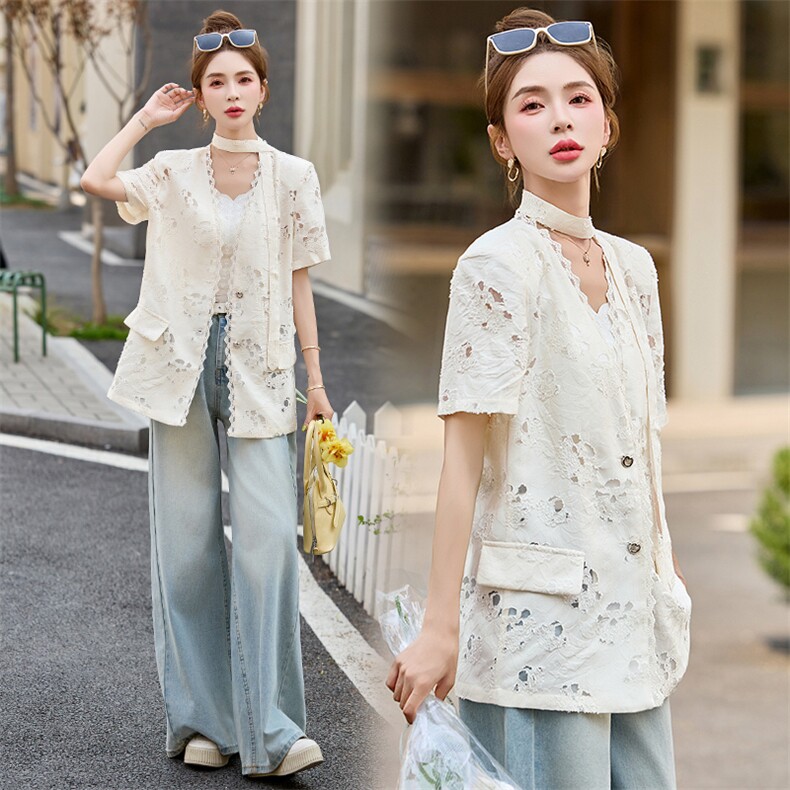 设计感镂空短袖西装外套女2025春夏新款时尚百搭V领蕾丝气质上衣，女装西装，妙形