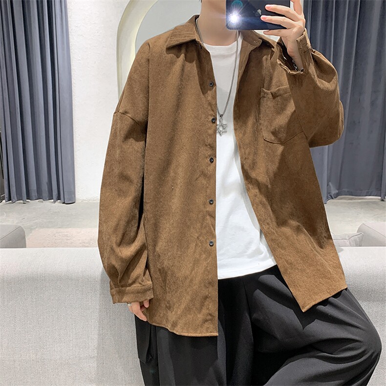 现货2025男春装纯色灯芯绒港风休闲长袖衬衫上衣D201-DM80-P45,男装衬衫,电商D321-1