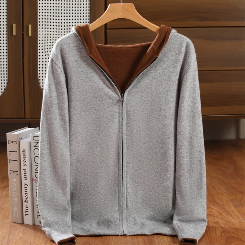 100%纯羊毛拉链开衫男连帽拼色双面穿针织外套毛衣加厚款外搭上衣，男装羊毛衫，忠诺羊绒